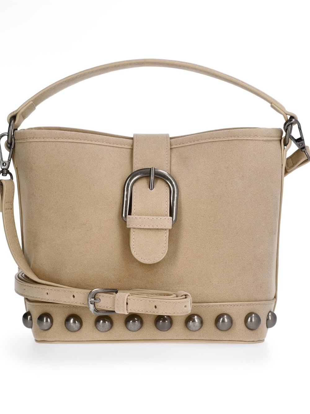 No Boundaries Tan Suede Studded Bucket Shoulder Bag